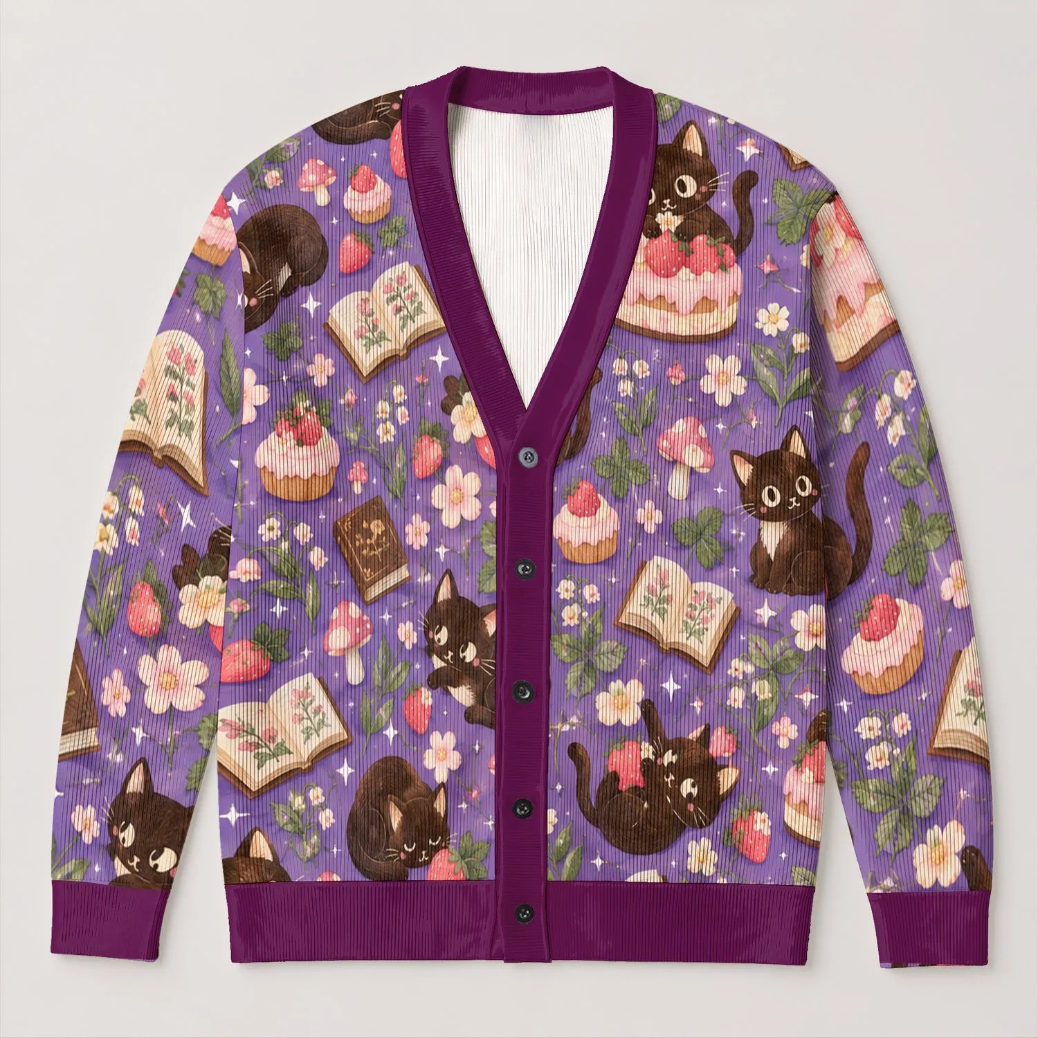 Kawaii Halloween Cats, Cakes And Mushrooms For Cozy Autumn Everyday Layering Teens All-over Print Knitted Cardigan - 1