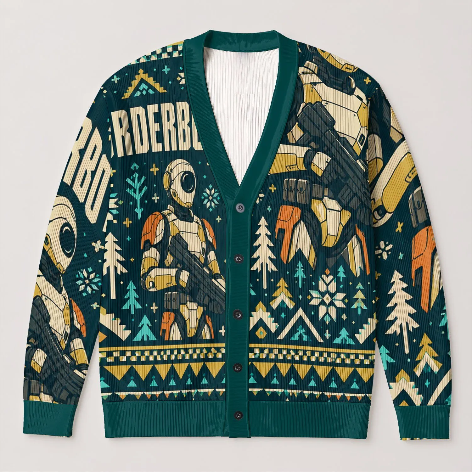 Murderbot Robot Snowflake Folk Motifs for Cozy Winter Layering and Sci-Fi Fans All-over Print Knitted Cardigan - 1