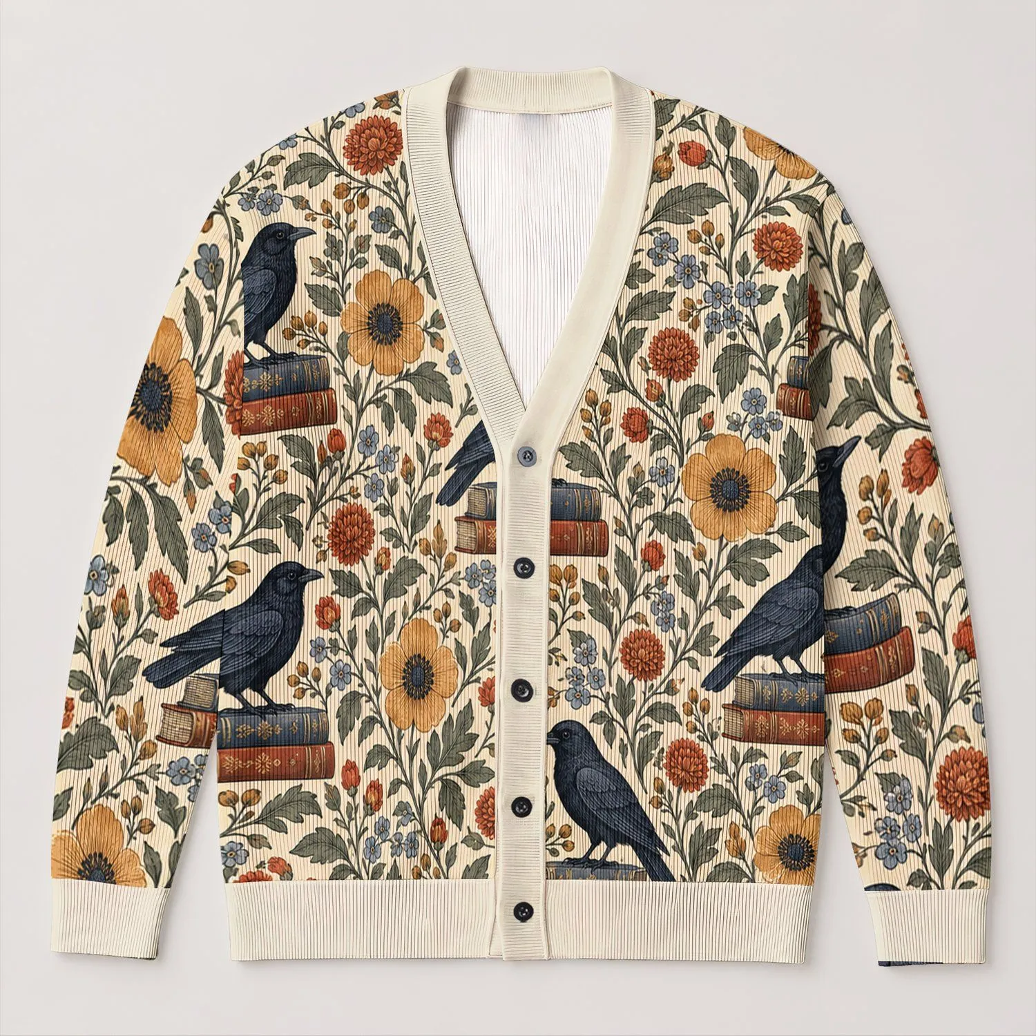 Vintage Folk Crow and Wildflower Bookish Style for Cozy Autumn Layering and Campus Days All-over Print Knitted Cardigan - 1