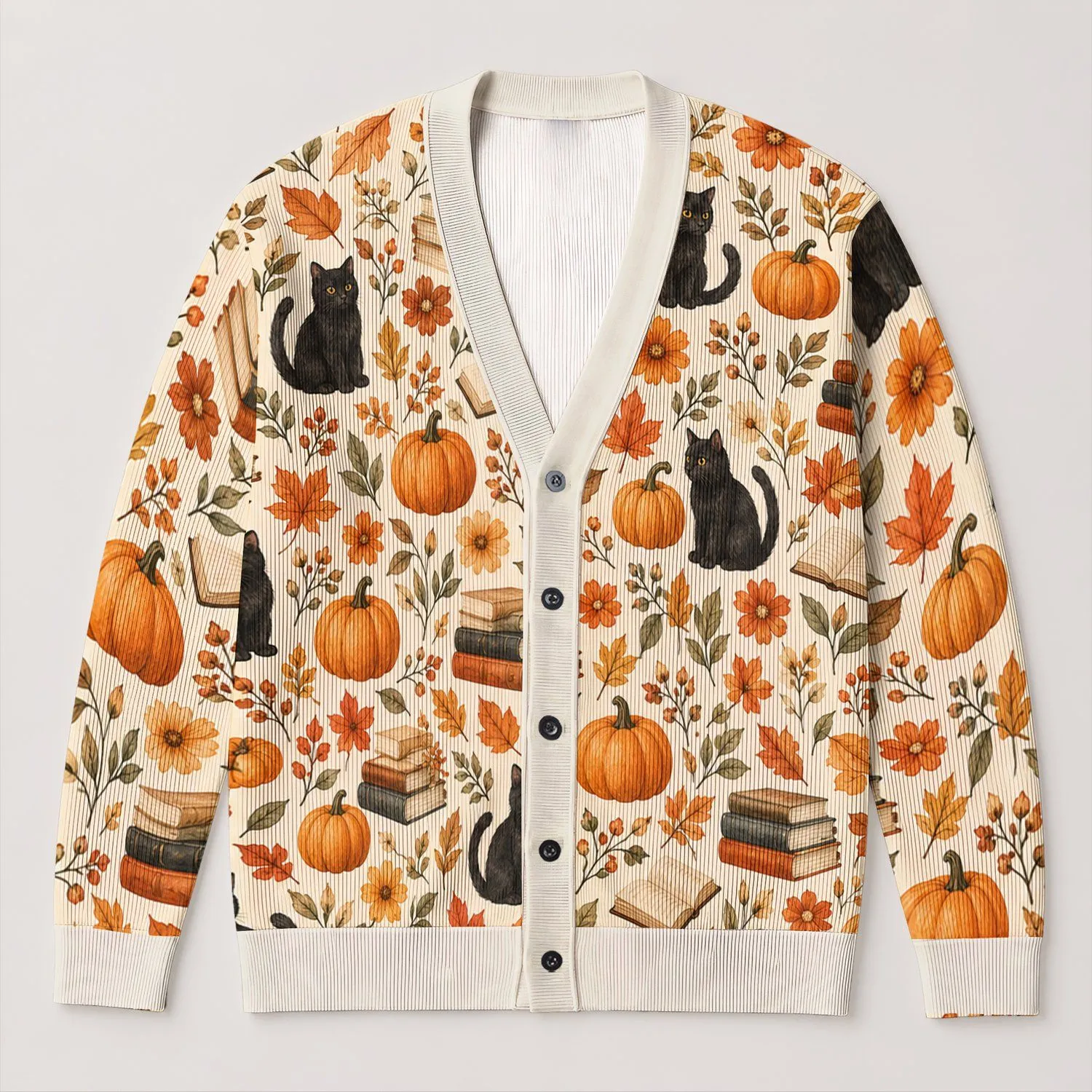 Watercolor Autumn Pumpkins, Black Cats And Books For Cozy Fall Reading Days At Home All-over Print Knitted Cardigan - 1