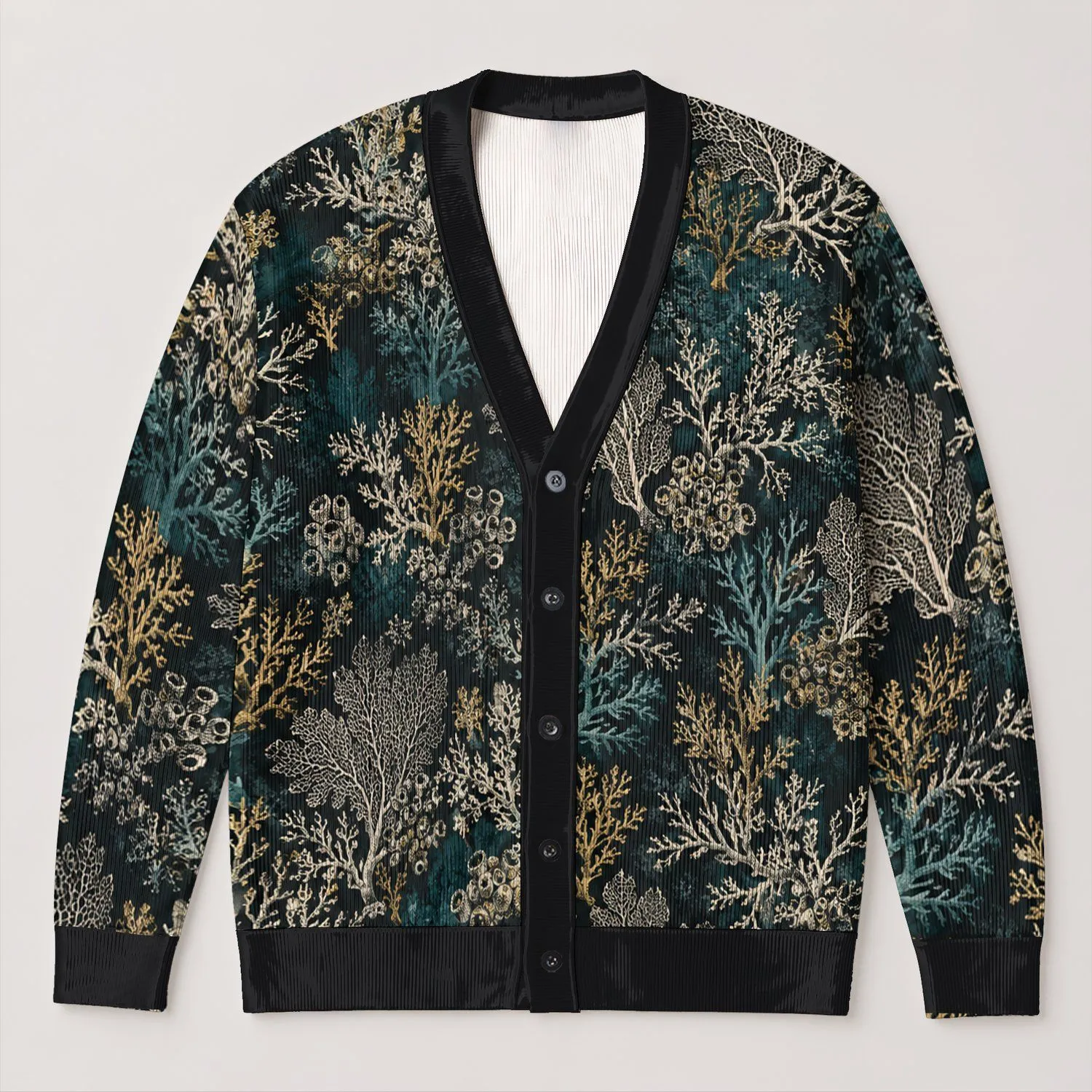 Golden Coral and Sea Fan Details for Moody Halloween Evenings All-over Print Knitted Cardigan - 1