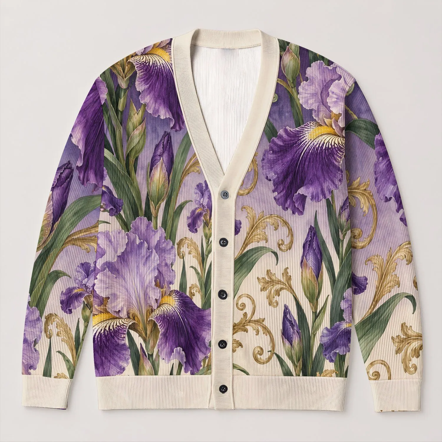 Purple Iris Blooms for Romantic Autumn Layering and Everyday Botanical Style Lovers All-over Print Knitted Cardigan - 1
