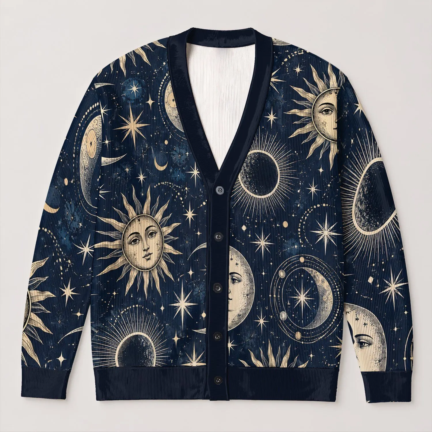 Vintage Celestial Sun and Moon Astrology for Everyday Layering and Night Skies All-over Print Knitted Cardigan - 1