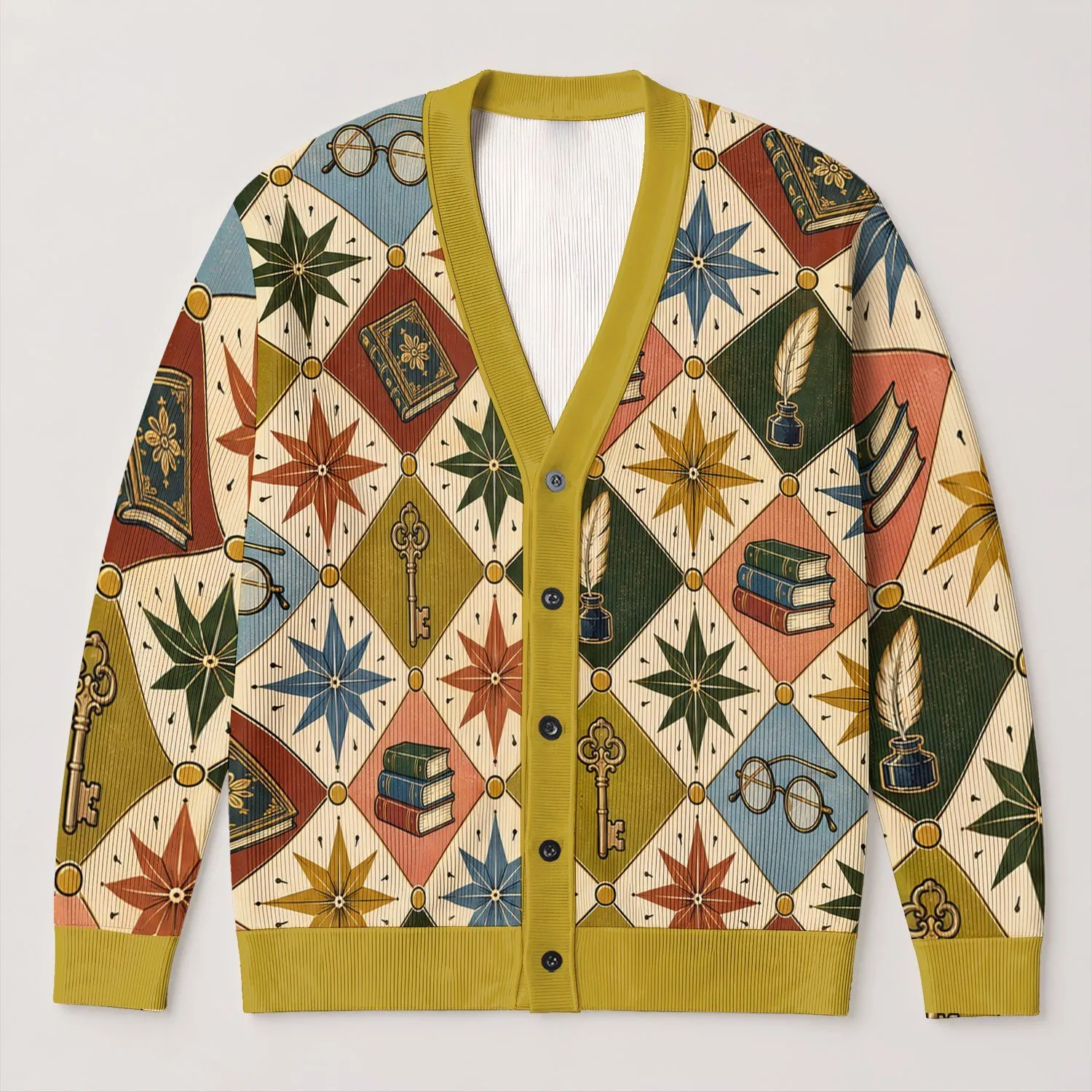 Vintage Books And Quills For Cozy Autumn Reading And Everyday Study All-over Print Knitted Cardigan - 1