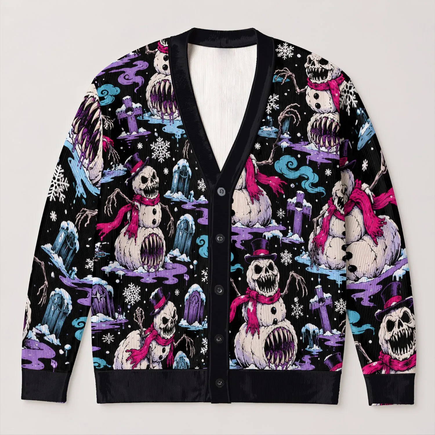 Creepy Snowman Skeletons for Spooky Winter Nights and Everyday Alt Style for Teens All-over Print Knitted Cardigan - 1