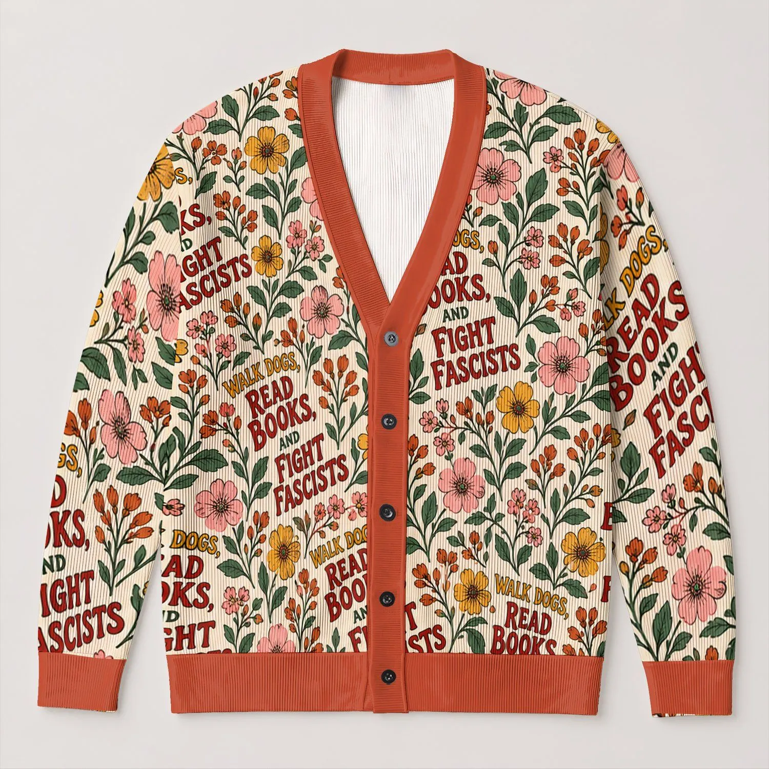 Retro Floral Read Books Walk Dogs Slogan for Cozy Autumn Everyday Layering All-over Print Knitted Cardigan - 1