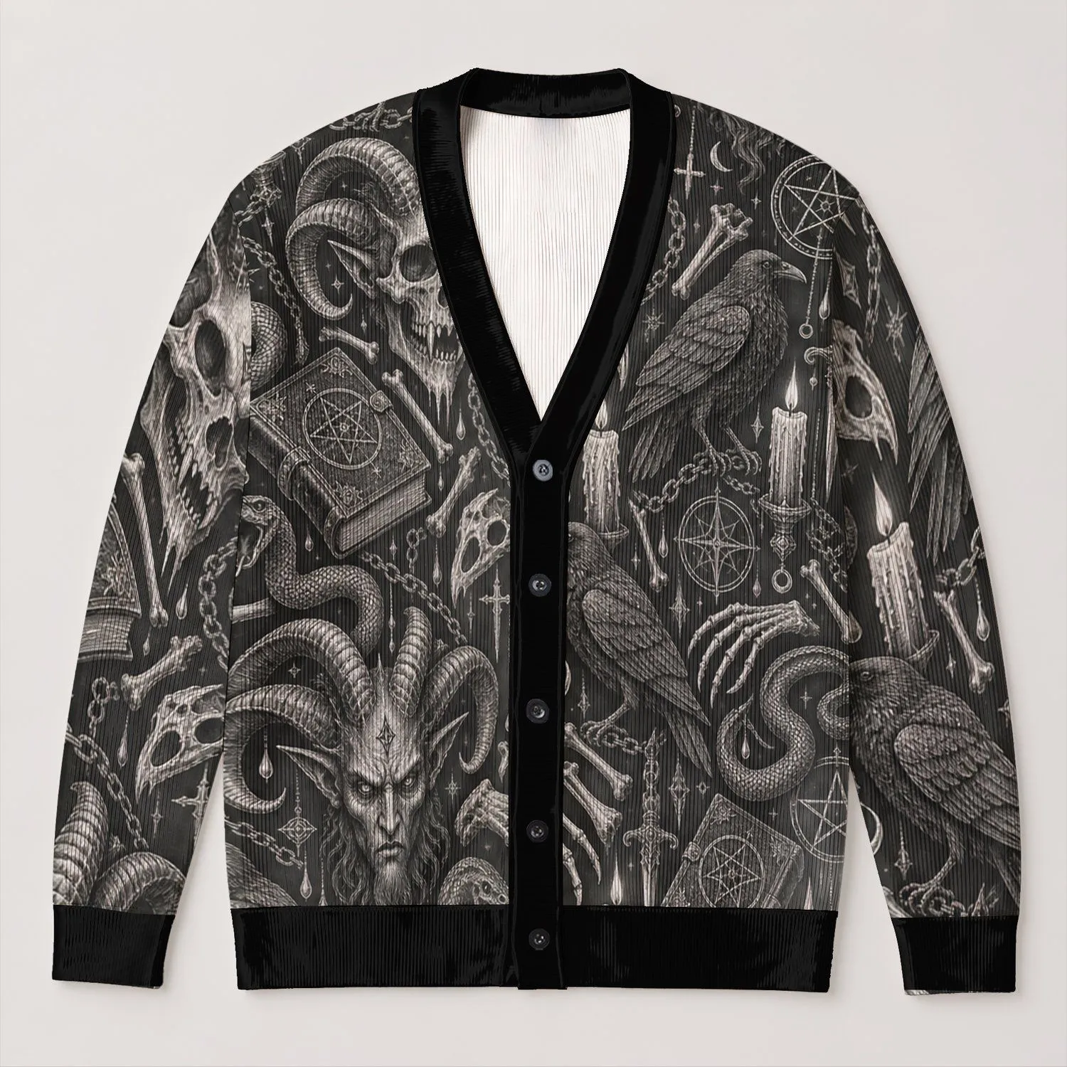 Gothic Demon Skull and Raven Motifs for Dark Alternative Everyday Style for Occult Fans All-over Print Knitted Cardigan - 1