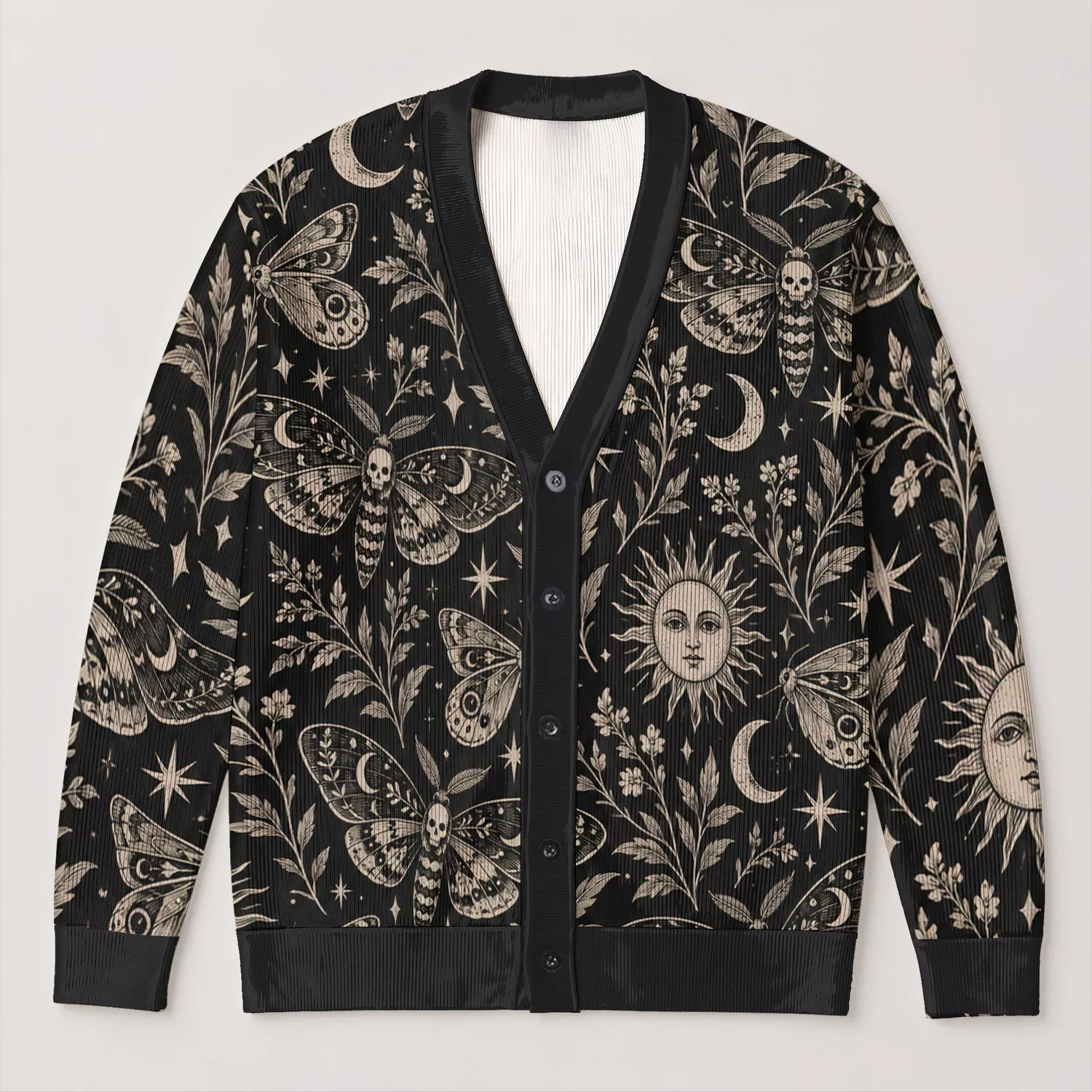 Death Moth Moon And Sun Motifs For Autumn Layering And Gothic Night Out Everyday Style All-over Print Knitted Cardigan - 1