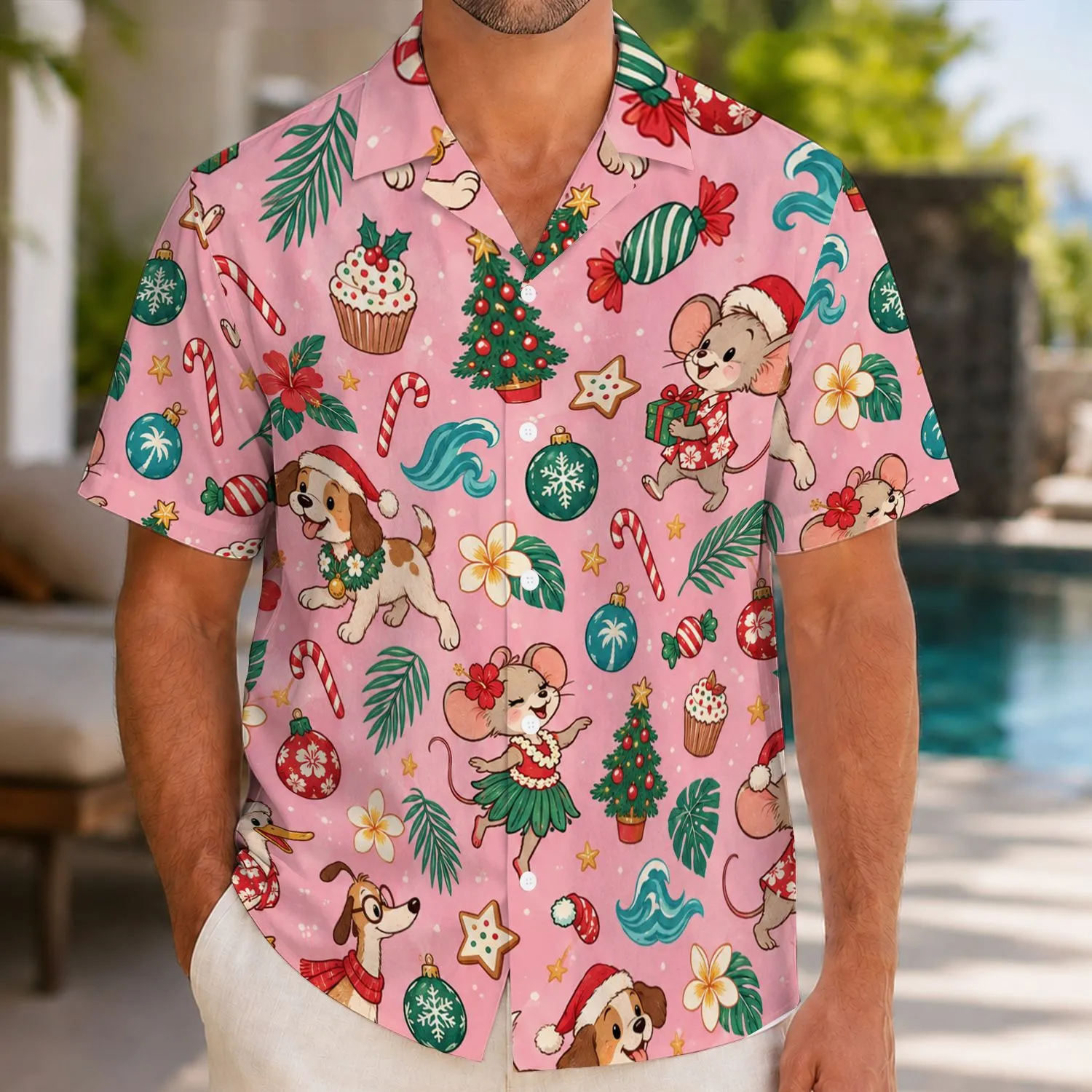 Whimsical Pink Christmas Seaside Animal Friends for Festive Family Holiday Getaways Hawaiian Shirt - 1