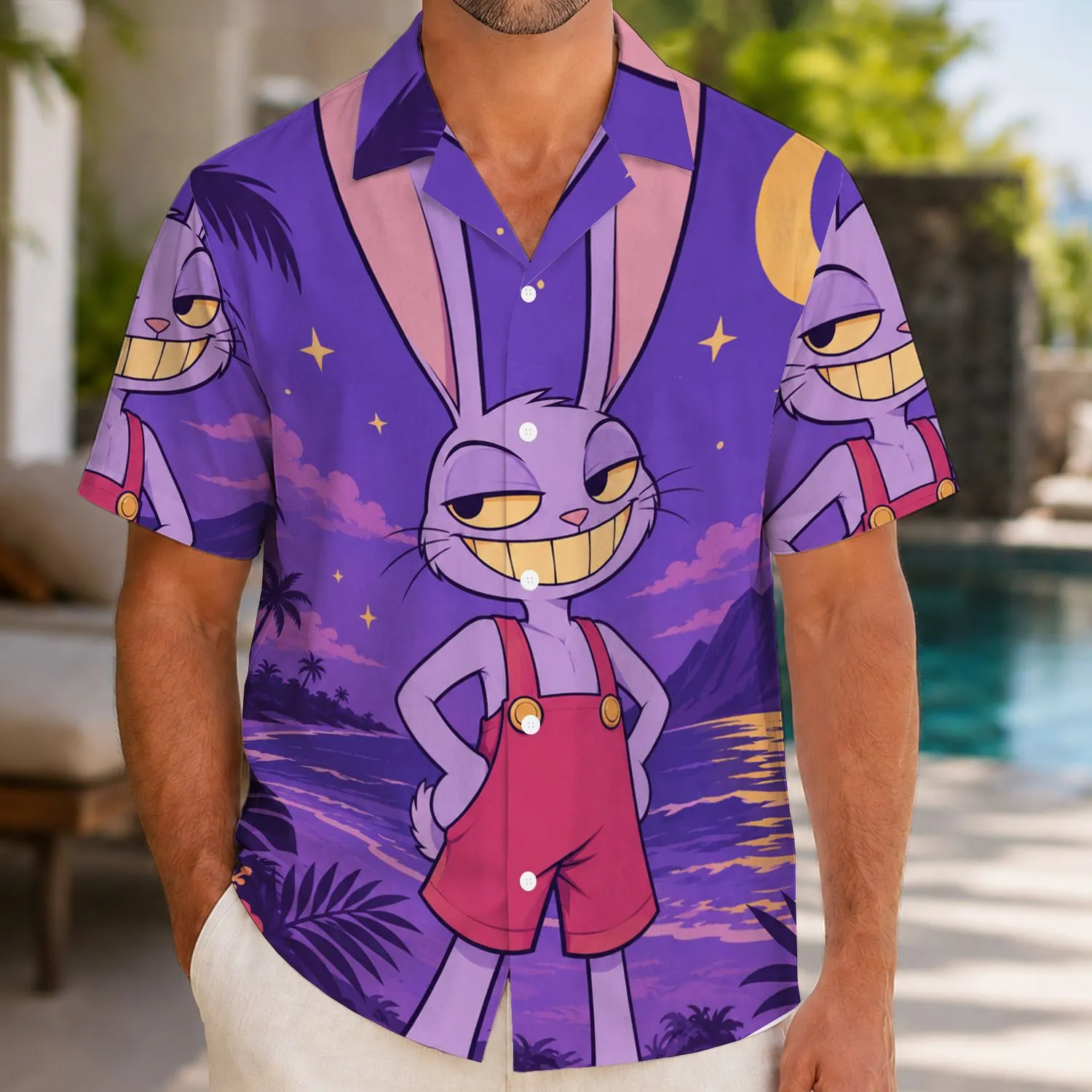 Mischievous Long-Eared Rabbit Under Tropical Stars for Playful Island Getaways Hawaiian Shirt - 1