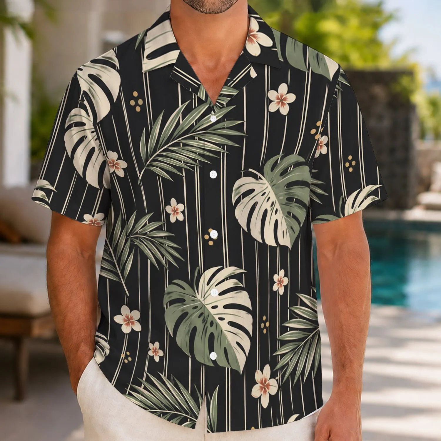 Black Ivory Pinstripe Tropical Florals for Halloween Getaways and Island Vacations Hawaiian Shirt - 1