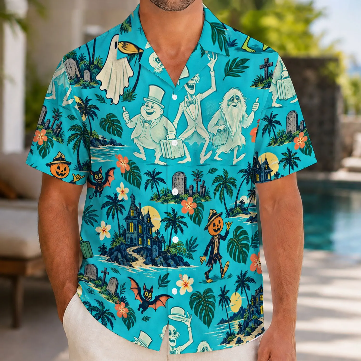 Spooky Ghosts and Haunted House Icons for Halloween Park Trips and Family Getaways Hawaiian Shirt - 1