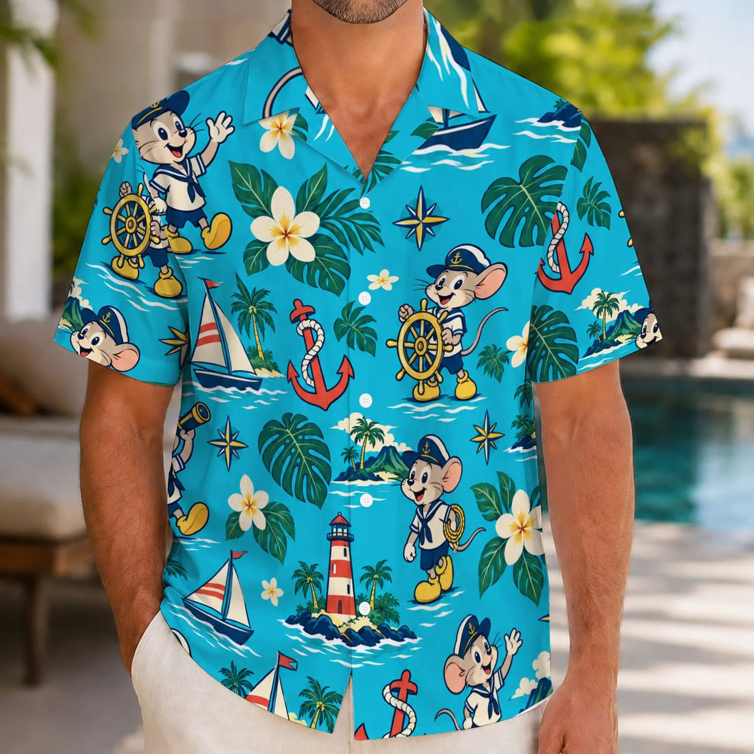 Cheerful Sailor Mouse and Nautical Motifs for Sunny Family Vacation Resort Getaways Hawaiian Shirt - 1