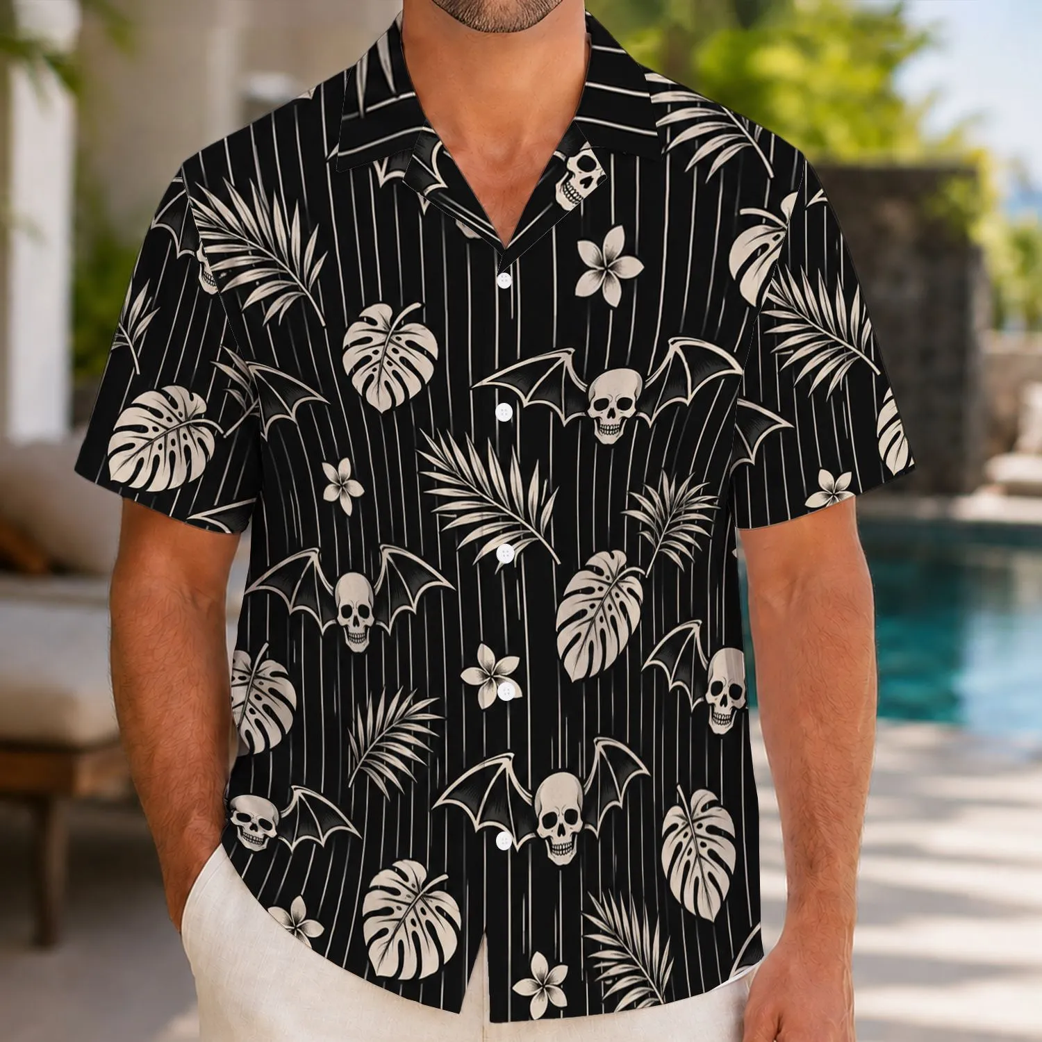 Gothic Skeleton Bat Faces for Halloween Parties and Spooky Island Getaways for Adults Hawaiian Shirt - 1