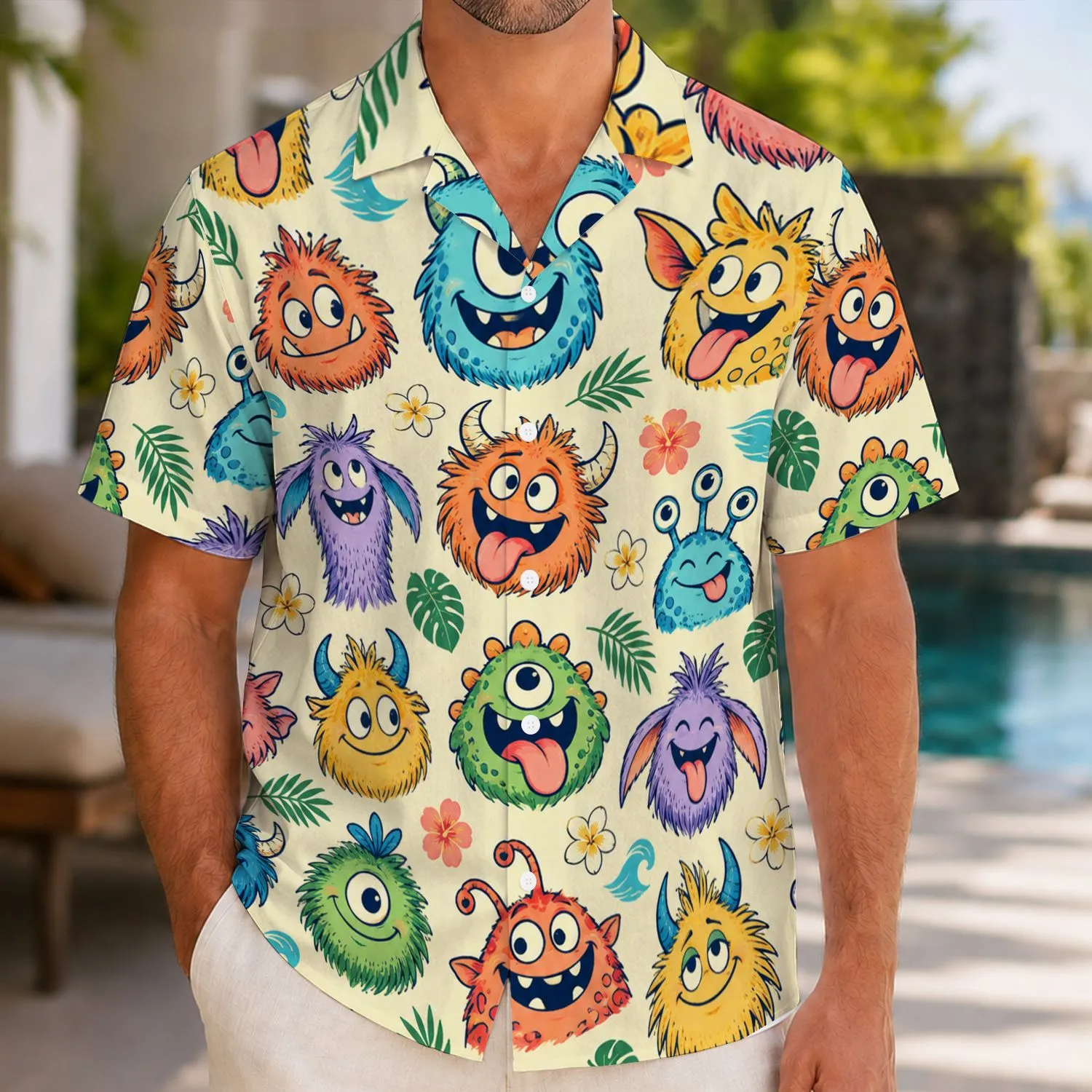 Whimsical Cartoon Monster Faces for Tropical Getaways and Playful Summer Celebrations Hawaiian Shirt - 1