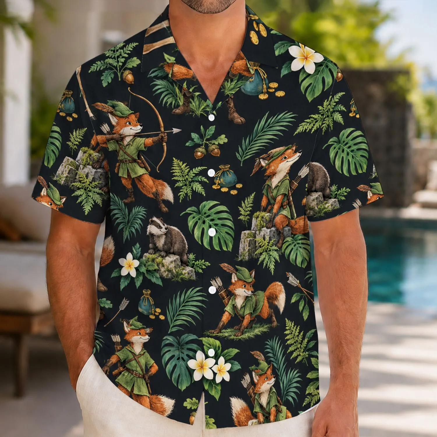 Fox Archer Woodland Outlaw Scenes for Sunny Island Getaways and Storybook Lovers Hawaiian Shirt - 1