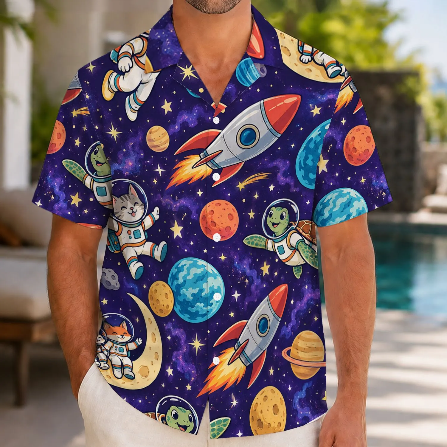 Whimsical Spacecraft, Moon And Planet Adventure For Sunny Summer Getaways With Friends Hawaiian Shirt - 1
