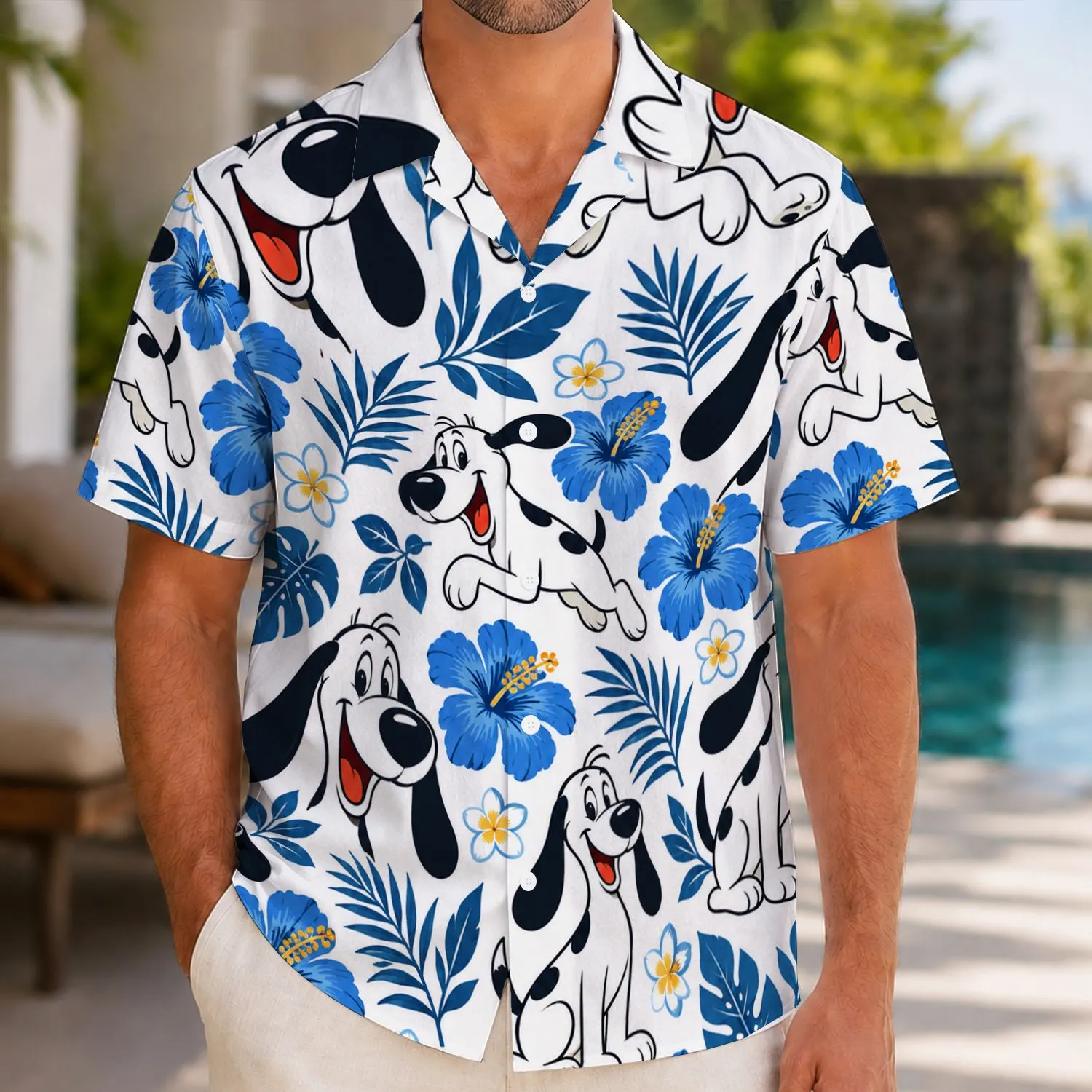 Playful Blue-Eared Cartoon Dog and Tropical Flowers for Sunny Island Vacation Days Hawaiian Shirt - 1