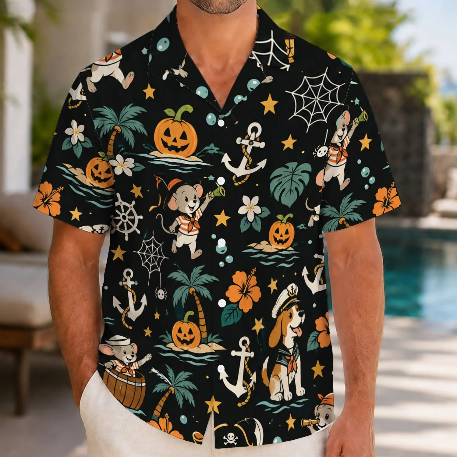 Halloween Mouse-and-Dog Nautical Motifs for a Festive Family Cruise Island Getaway Hawaiian Shirt - 1