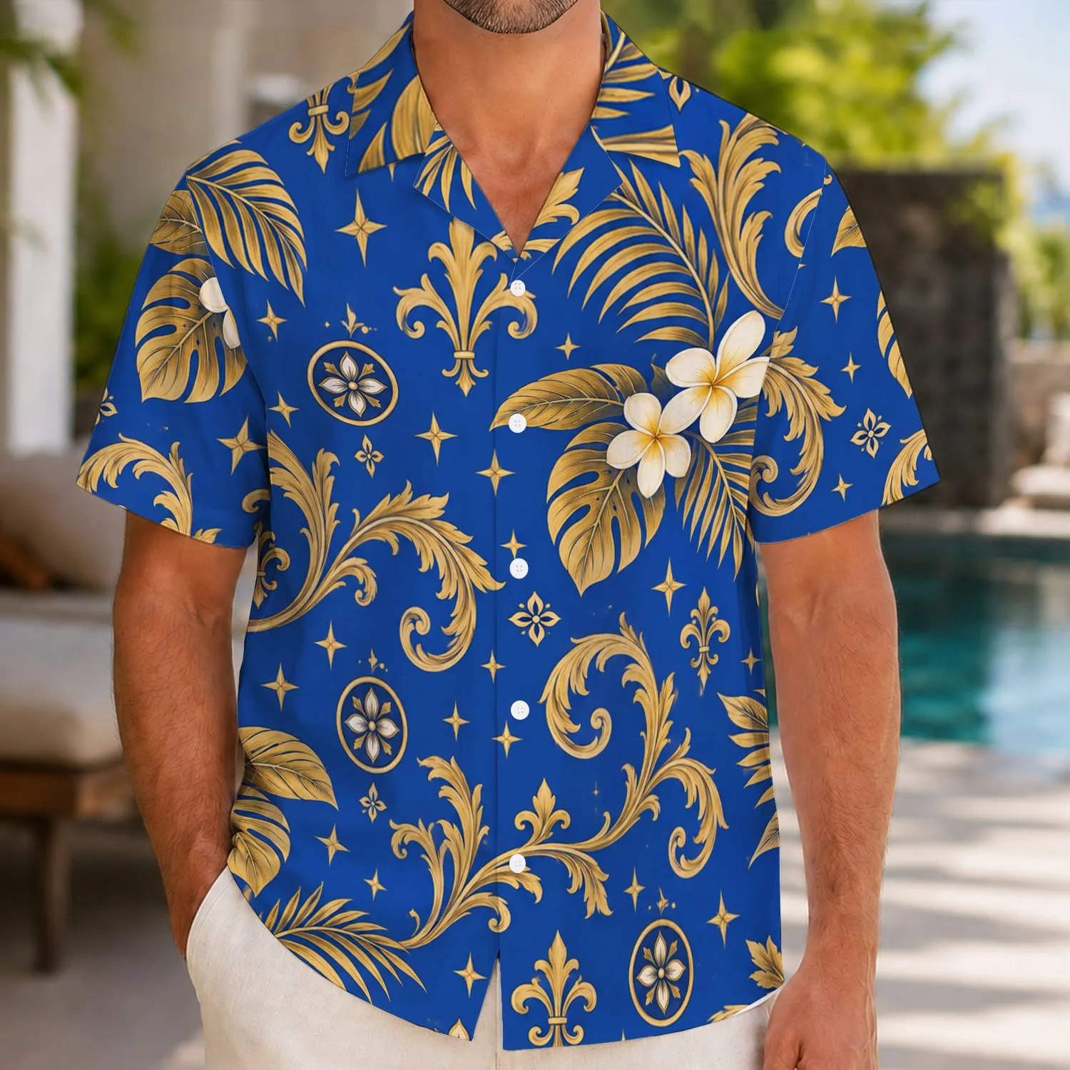 Royal Blue Gold Enchanted Ballroom Couple Costume for Romantic Halloween Celebrations Hawaiian Shirt - 1