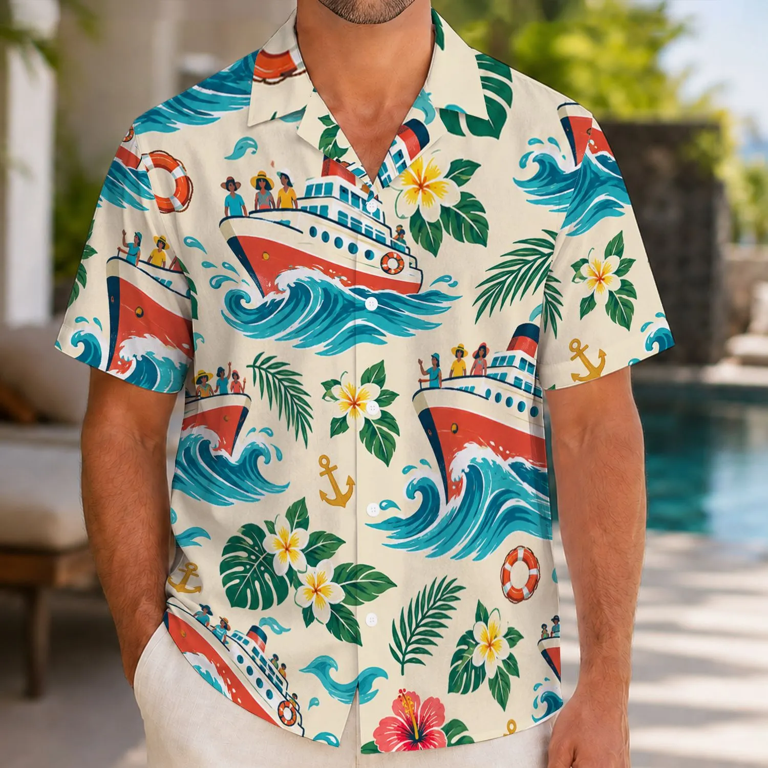 Colorful Cartoon Cruise Ships and Tropical Flowers for Sunny Island Family Vacations Hawaiian Shirt - 1