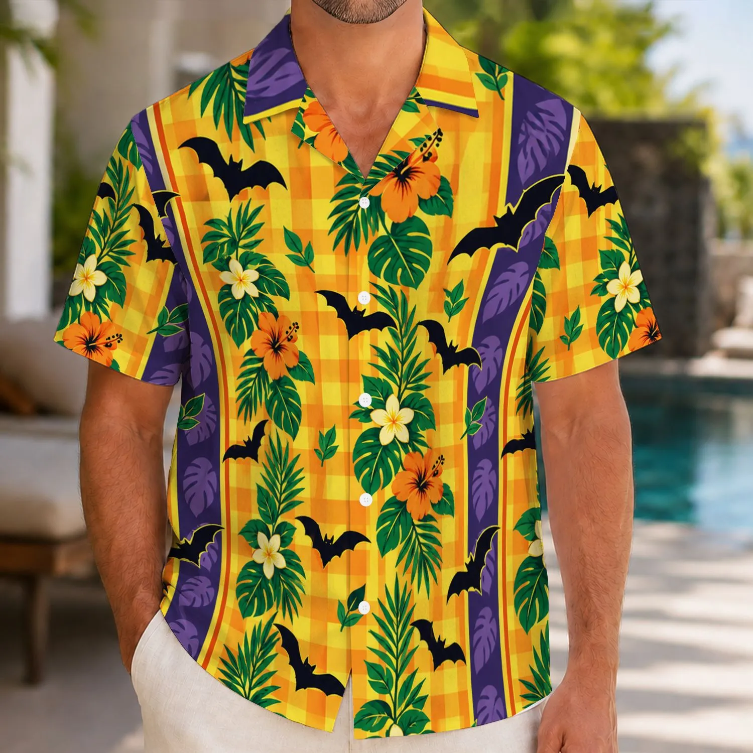 Orange Gingham Bats And Purple Stripes For Halloween Theme Park Night Festivities Hawaiian Shirt - 1