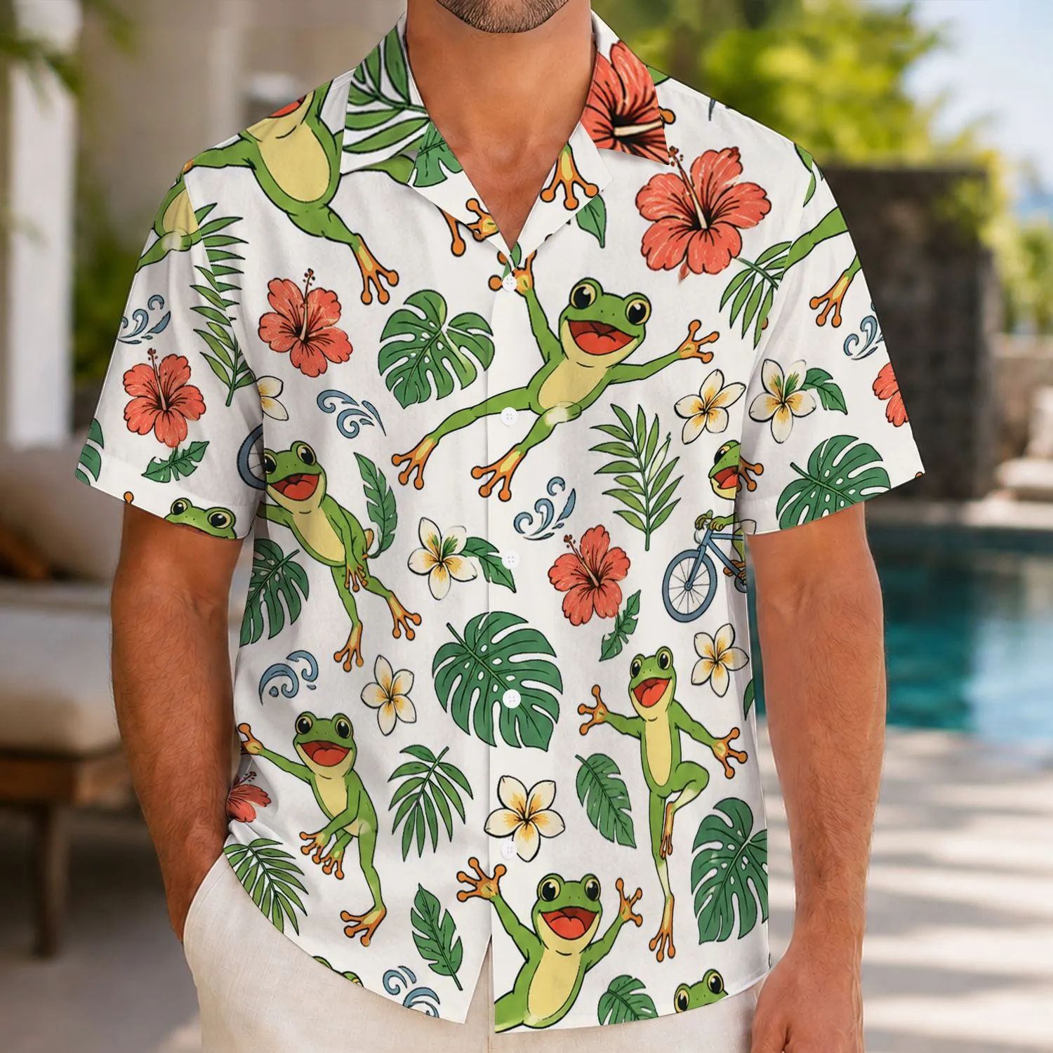 Playful Green Frog Island Motifs for Sunny Getaways and Carefree Summer Escapes Hawaiian Shirt - 1