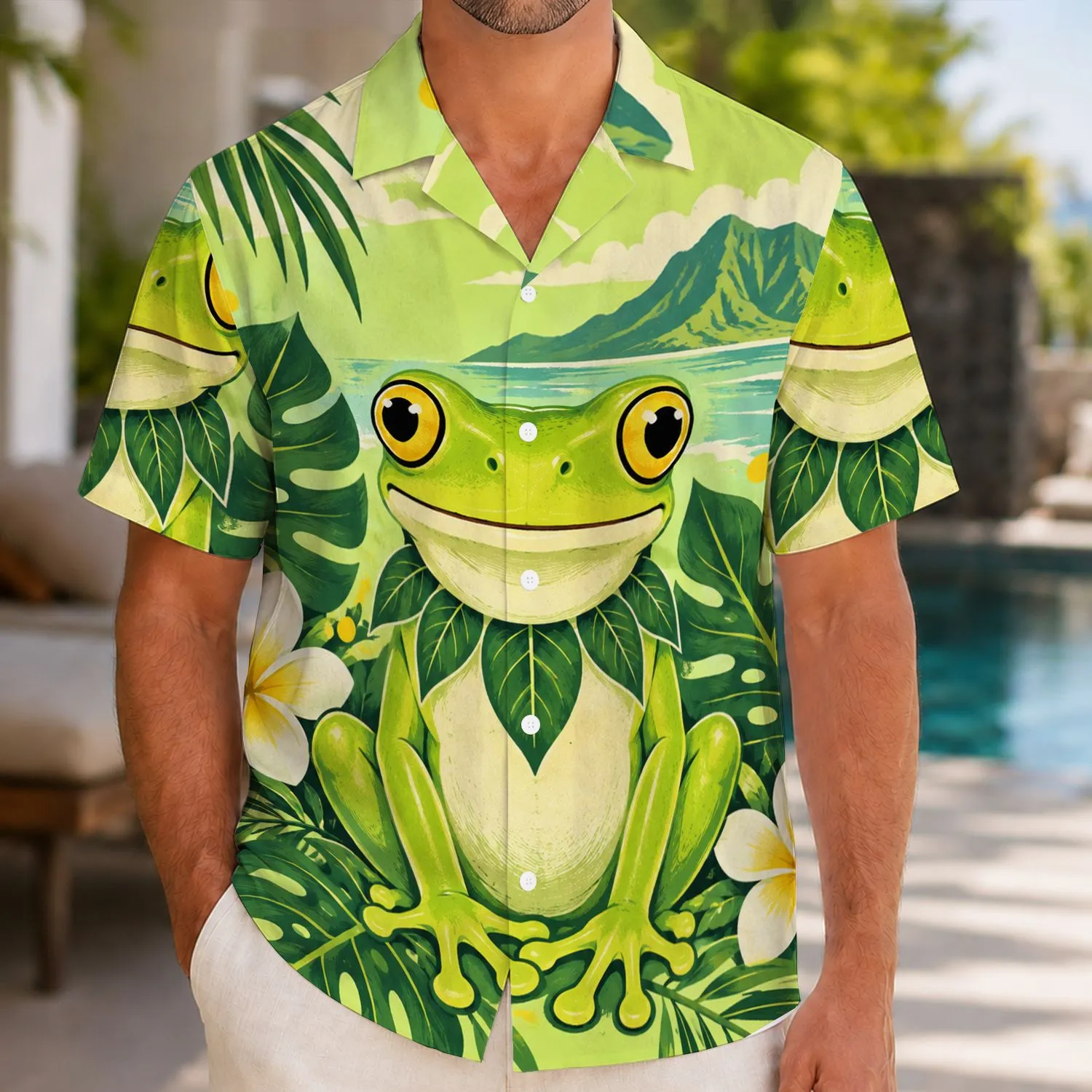 Lime Green Tree Frog Tropical Island Style for Summer Getaways and Costume Parties Hawaiian Shirt - 1