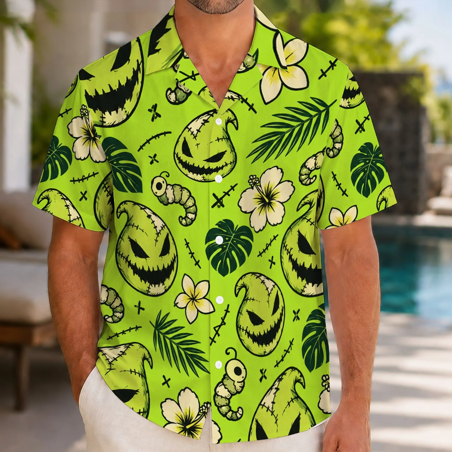 Neon Lime Patchwork Monster Faces for Halloween Theme Park Nights and Costume Parties Hawaiian Shirt - 1