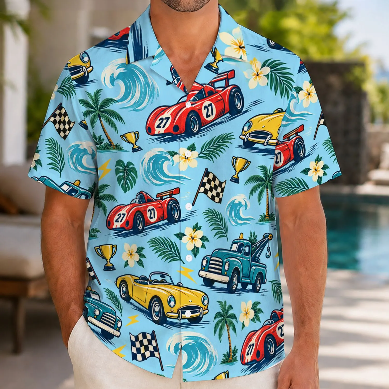 Retro Race Cars and Checkered Flags for Sunny Island Getaways and Family Vacations Hawaiian Shirt - 1