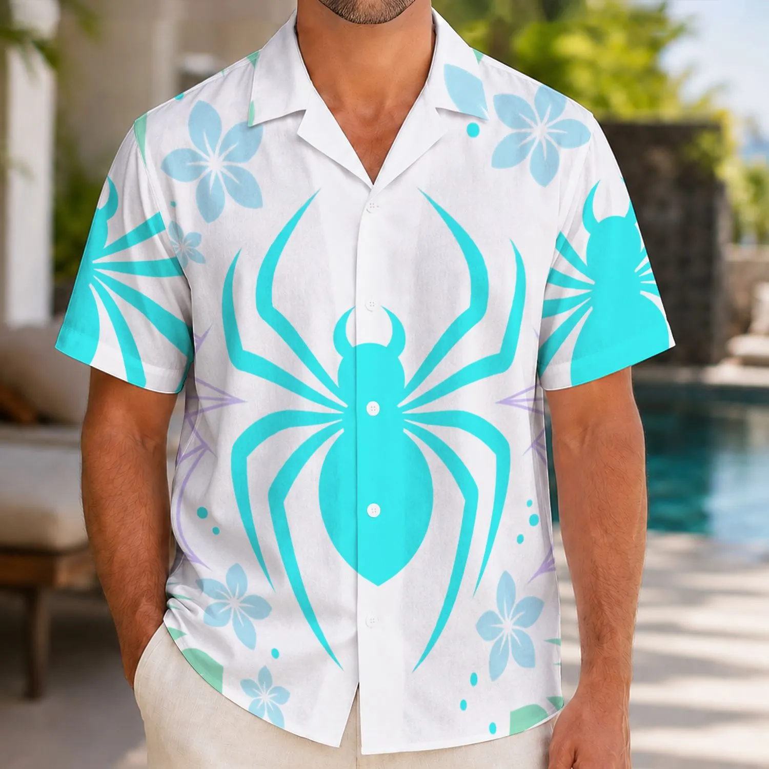 Purple Cyan Spider Emblem with Web Accents for Beach Getaways and Halloween Celebrations Hawaiian Shirt - 1