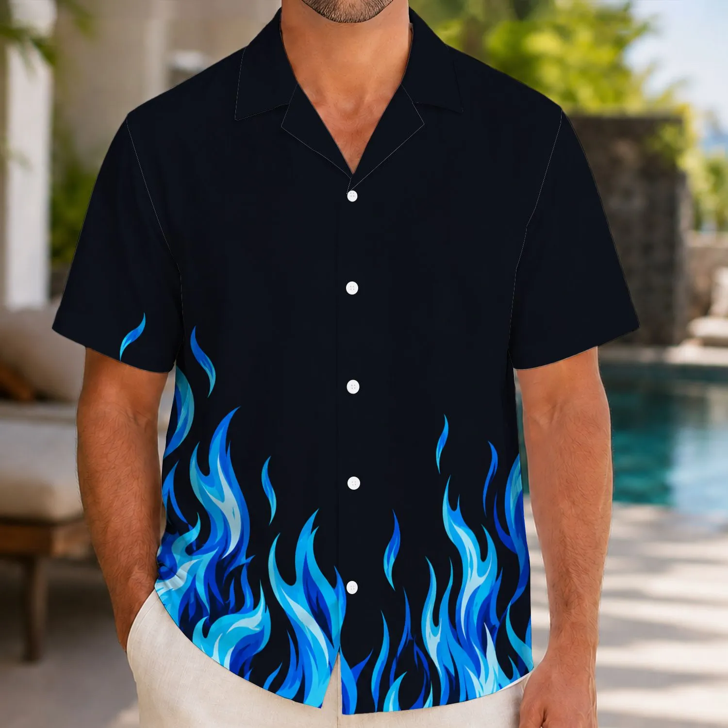 Electric Blue Flame Border For Halloween Cosplay And Theme Park Adventure Lovers Hawaiian Shirt - 1