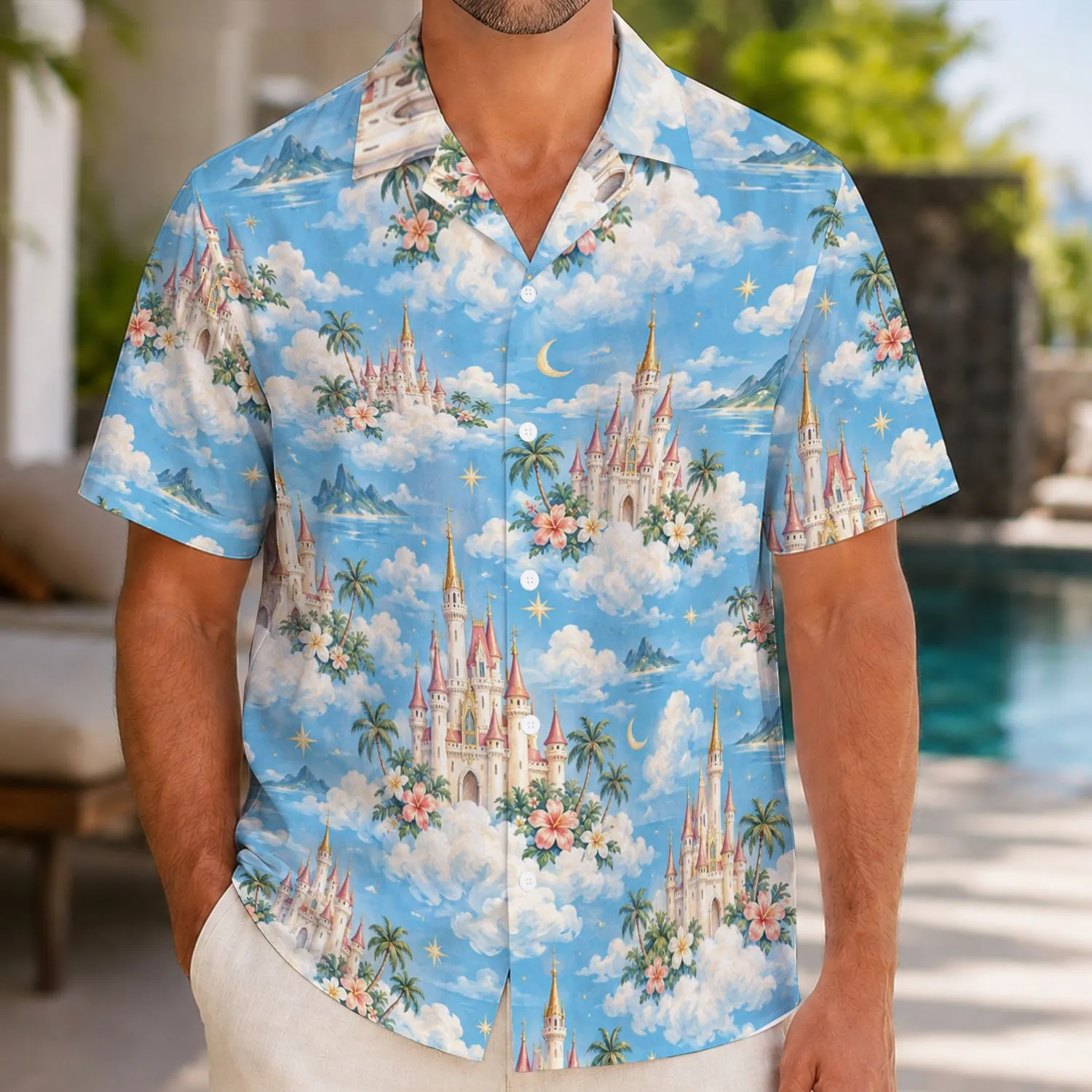 Dreamy Fairytale Castle Cloudscape for Enchanted Theme Park Vacation Getaways Hawaiian Shirt - 1