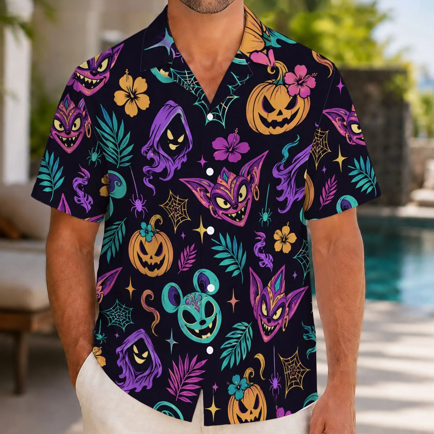 Neon Halloween Phantom Faces, Ghosts and Spiders for Adults at Haunted Island Parties Hawaiian Shirt - 1