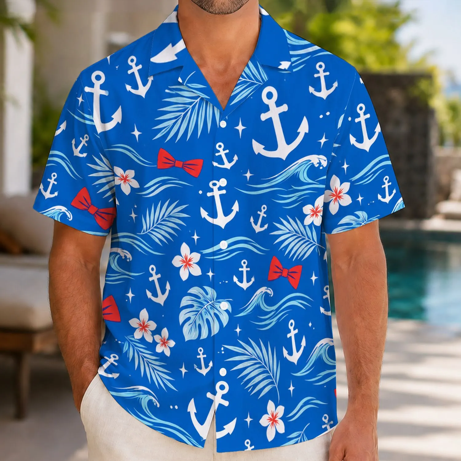 Nautical Anchor Waves and Red Bow Tie for Halloween Cosplay and Coastal Vacation Fun Hawaiian Shirt - 1