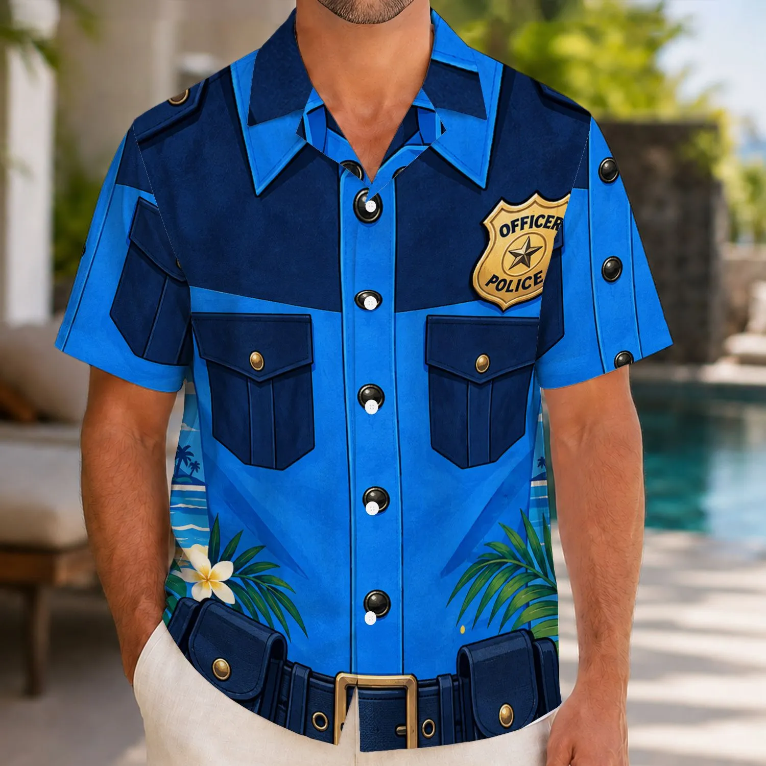 Blue Police Officer Costume Details for Halloween Parties and Couples Celebrations Hawaiian Shirt - 1