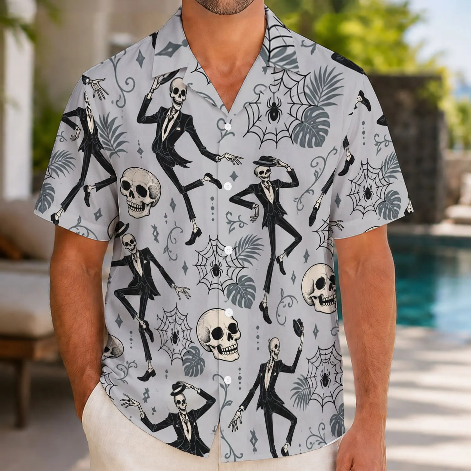 Grinning Skeleton and Spiderweb Motifs for Spooky Halloween Island Getaways and Vacations Hawaiian Shirt - 1