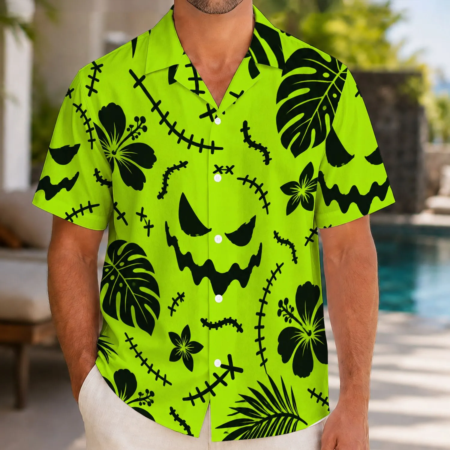 Sinister Stitched Pumpkin Face for Halloween Parties and Spooky Season Celebrations Hawaiian Shirt - 1