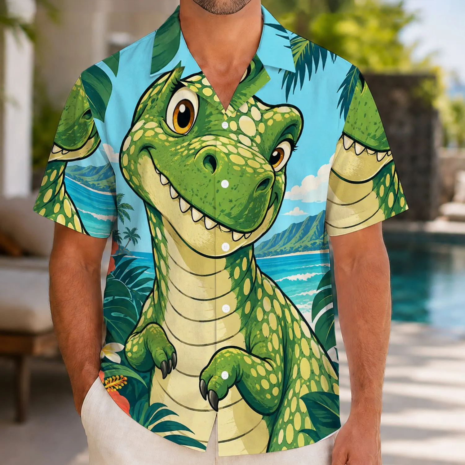 Green Toy Dinosaur Costume for Halloween Parties and Playful Island Getaways Hawaiian Shirt - 1