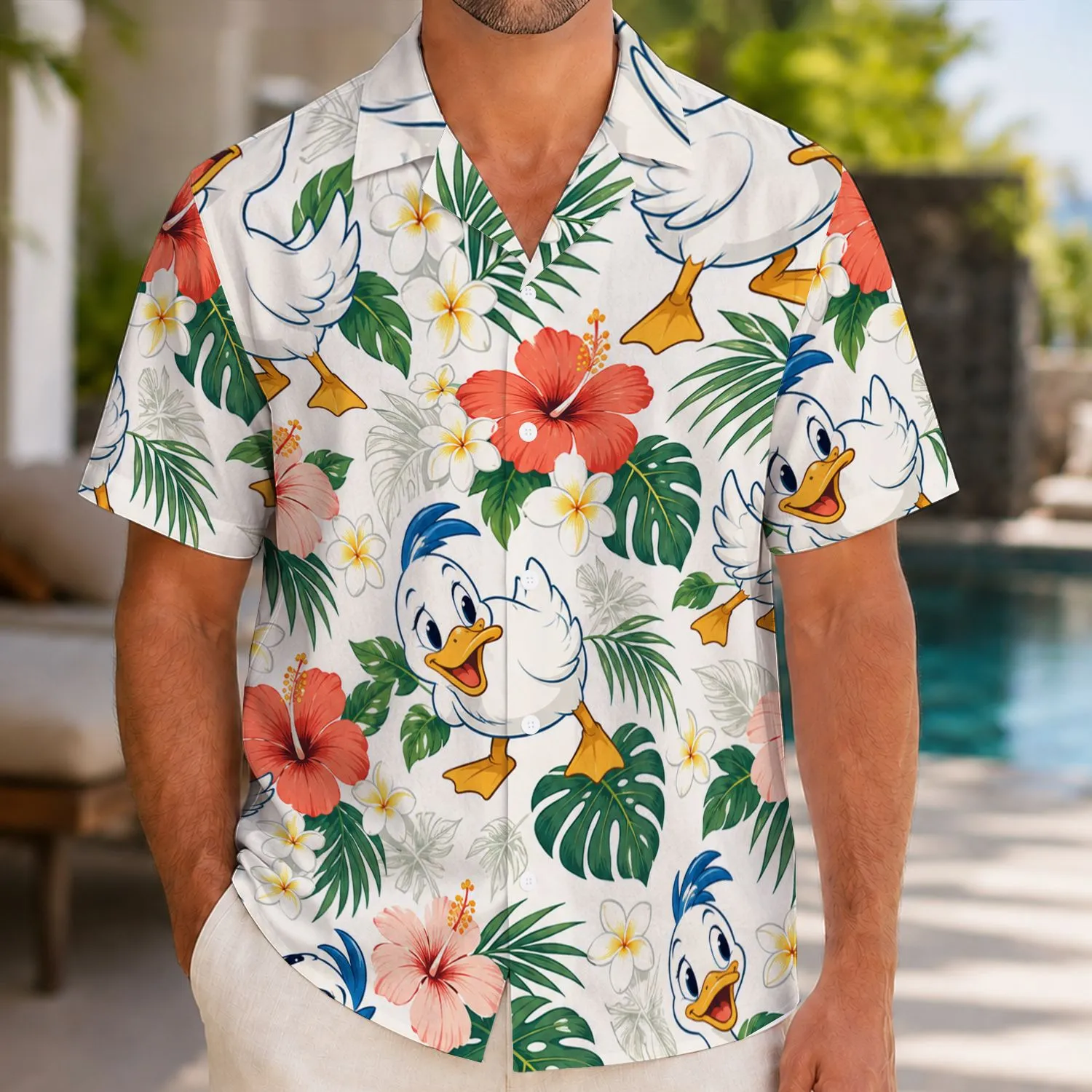 Playful Tropical Waterfowl and Hibiscus for Sunny Island Getaways and Beach Vacations Hawaiian Shirt - 1
