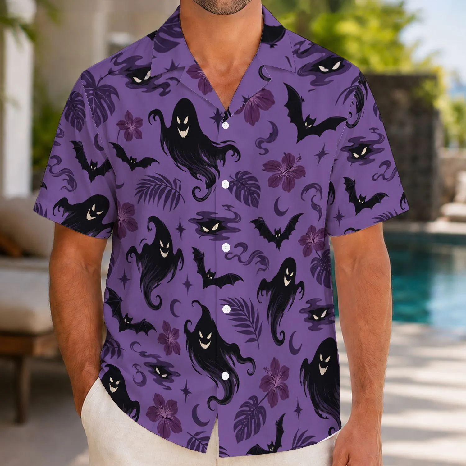 Creepy Hitchhiking Ghosts, Floating Eyes and Bats for Halloween Party Cosplay Fans Hawaiian Shirt - 1