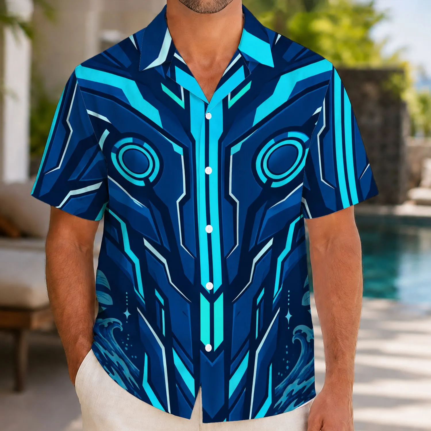Neon Cyan Circuit Armor Futuristic Gaming Style for Halloween and Arcade Fans Hawaiian Shirt - 1