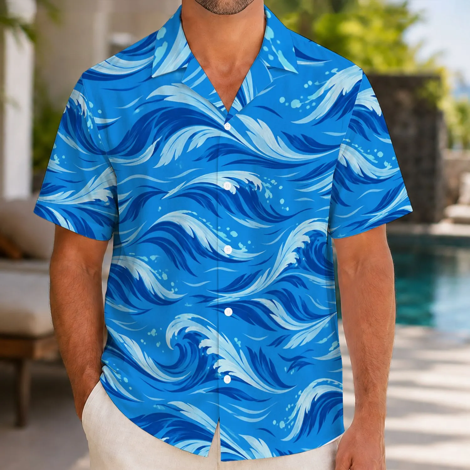 Azure Ocean Wave Motifs for Tropical Cosplay and Halloween Adventure Celebrations Hawaiian Shirt - 1