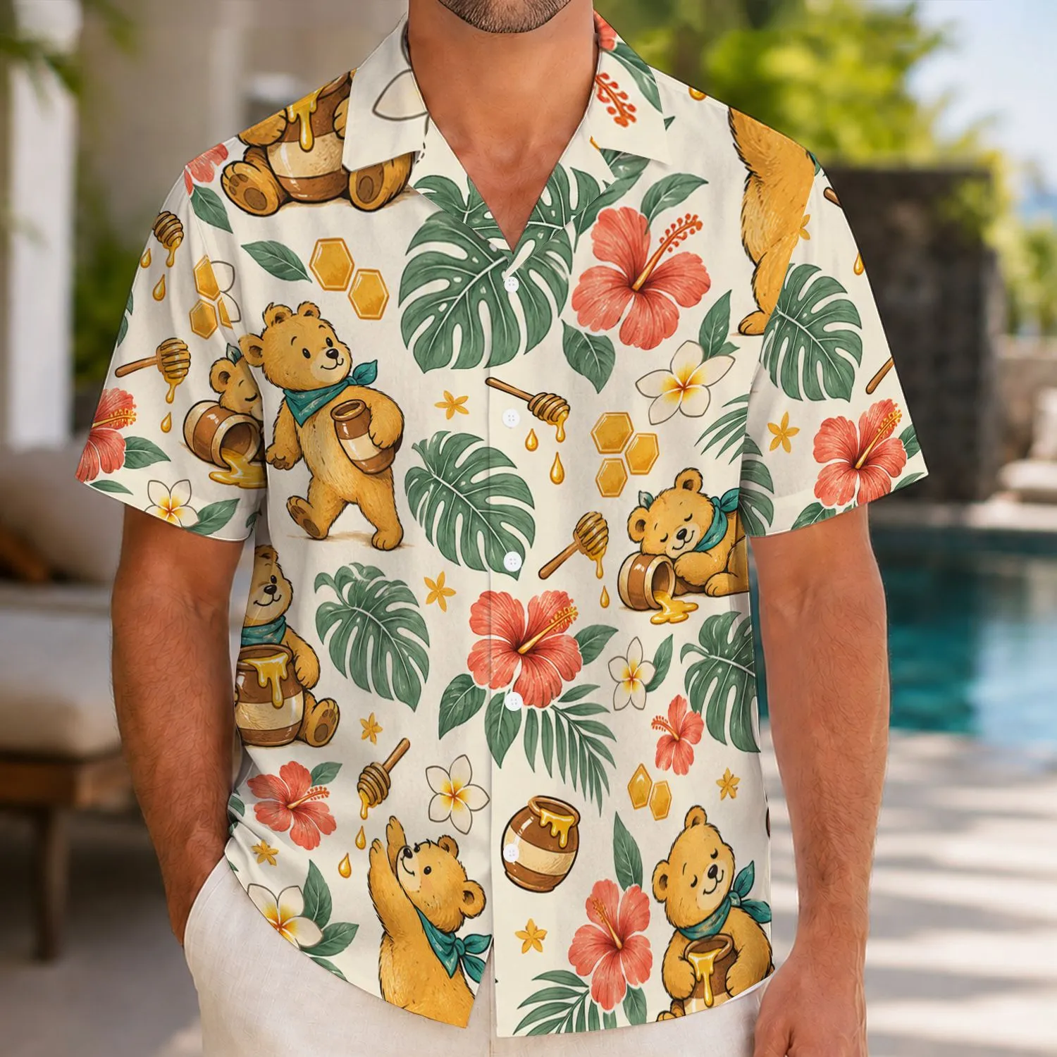 Golden Honey Bear and Tropical Isles for Sunny Beach Getaways and Relaxed Summer Days Hawaiian Shirt - 1