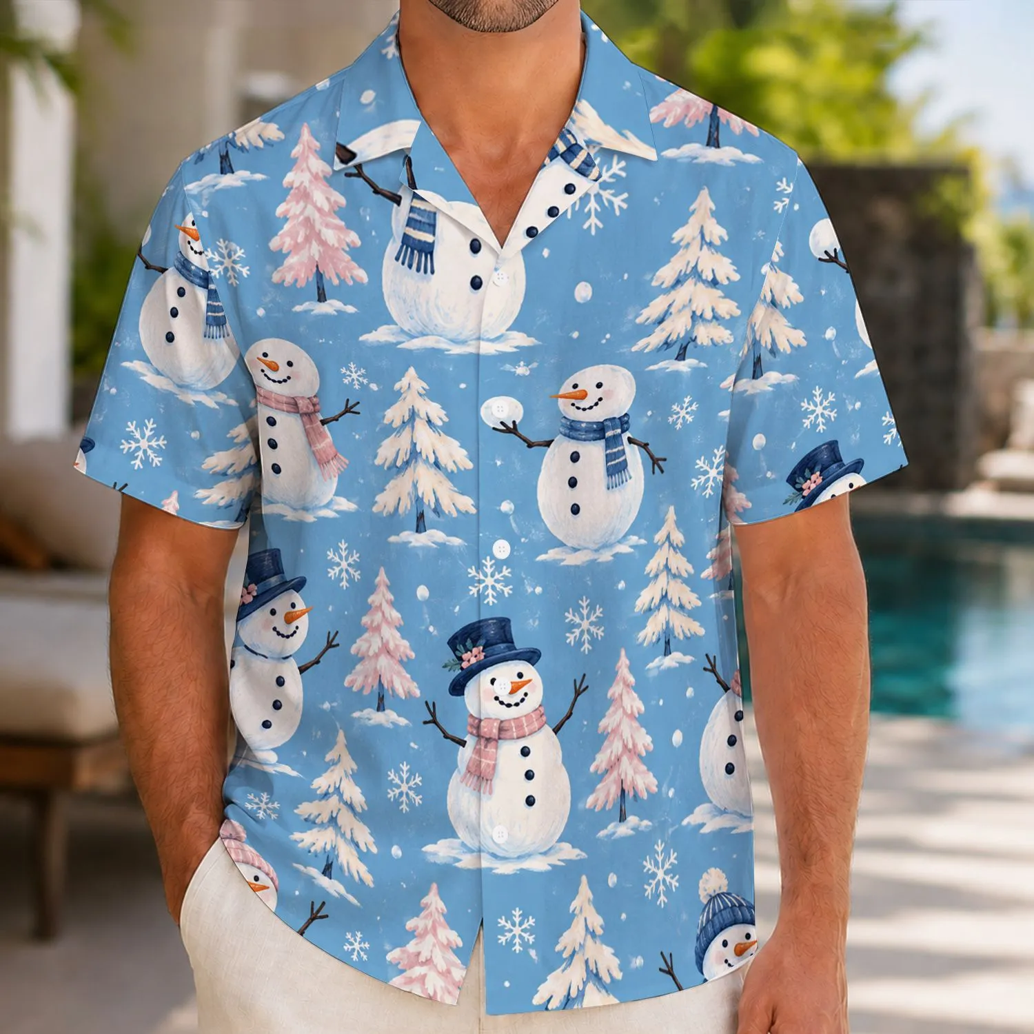Cheerful Snowman, Snowflakes And Winter Trees For Sunny Island Beach Vacations Hawaiian Shirt - 1