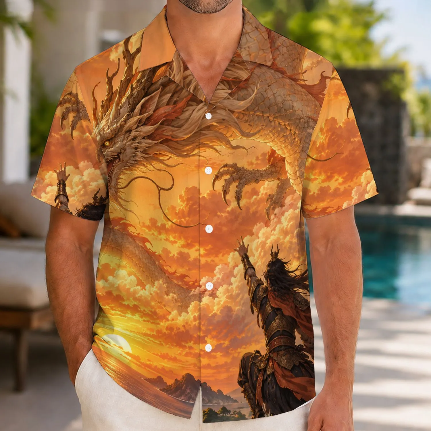 Mythical Dragon And Anime Warrior Sunset Adventure For Fantasy Vacation Fans Hawaiian Shirt - 1