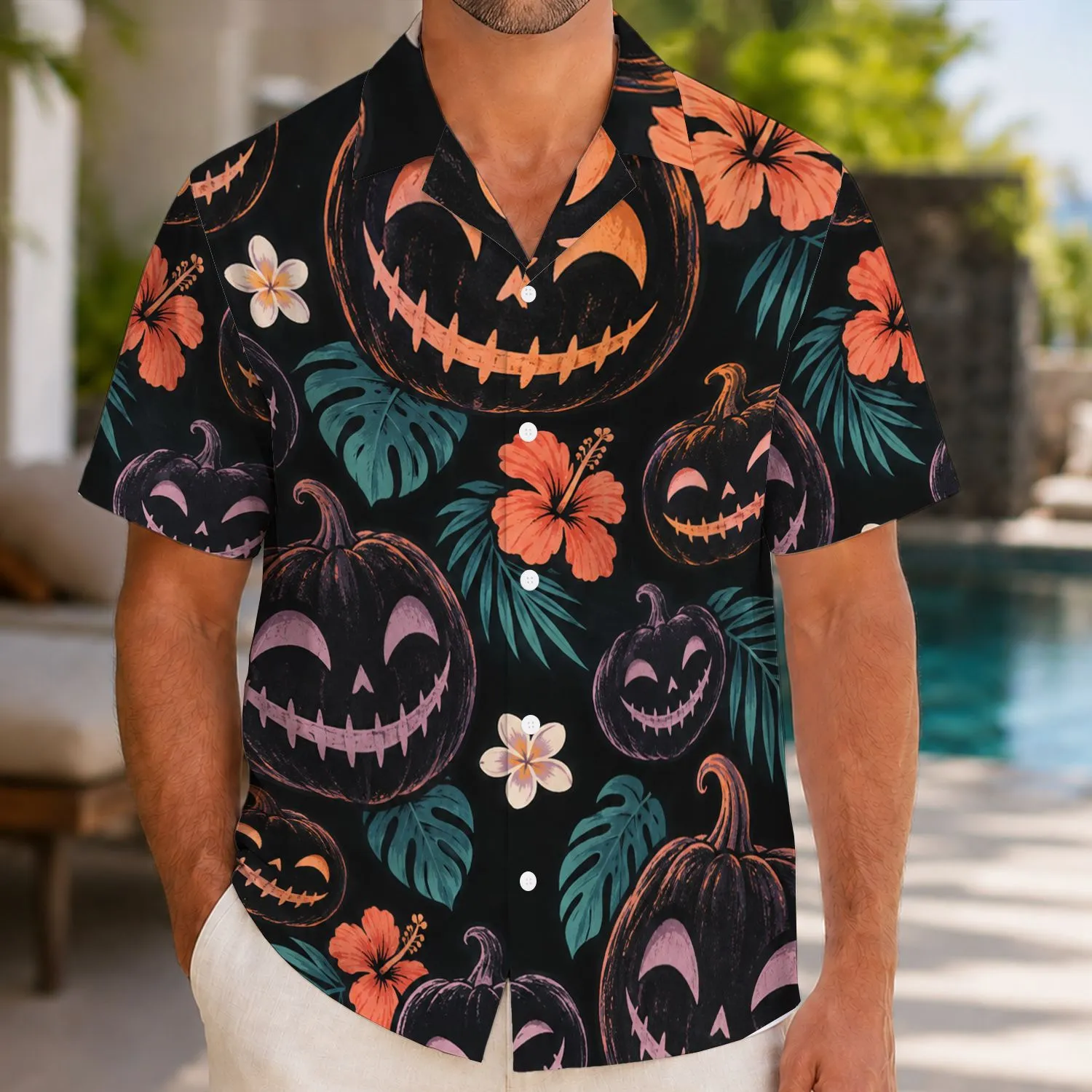 Grinning Pumpkin Spirit Faces for Spooky Summer Beach Getaways Hawaiian Shirt - 1
