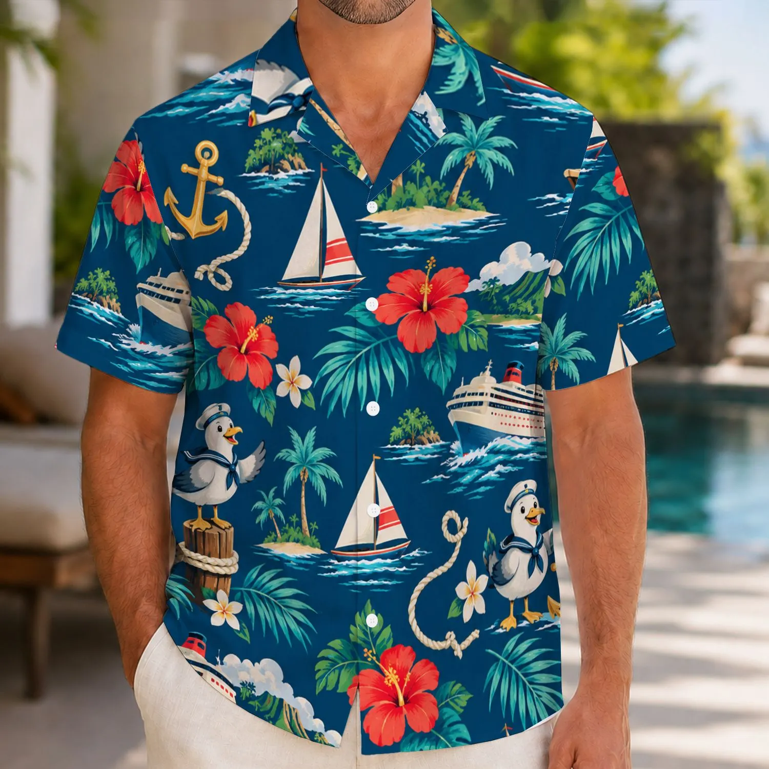 Tropical Cruise Ships, Sailboats and Island Blooms for Relaxed Coastal Getaways Hawaiian Shirt - 1
