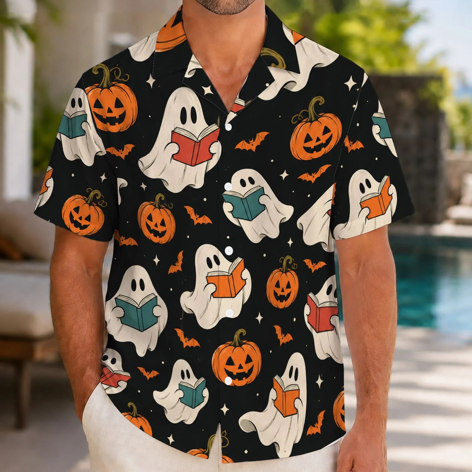 Reading Ghosts and Jack-o’-Lanterns for Cozy Halloween Book Lovers and Spooky Season Hawaiian Shirt - 1