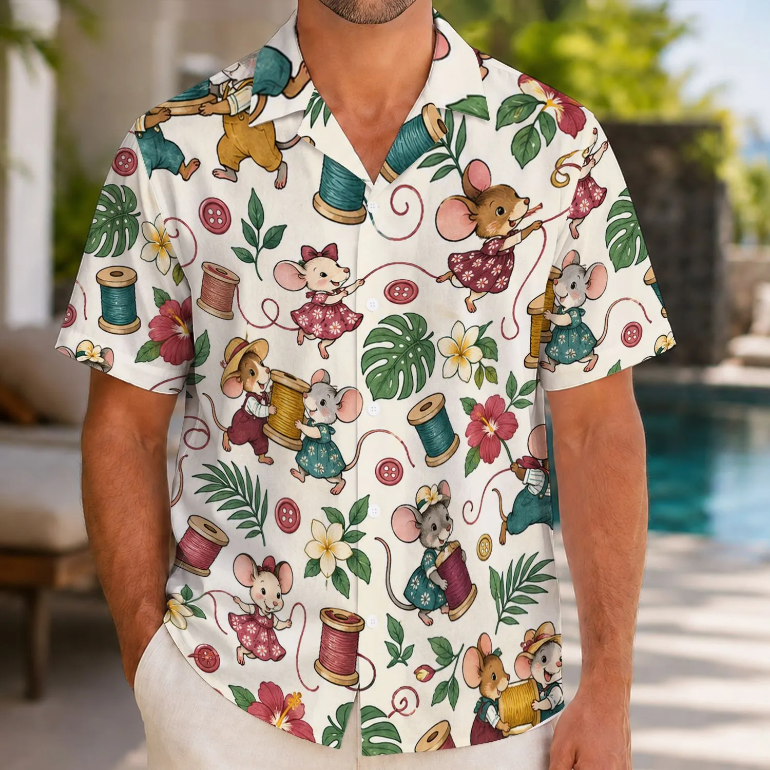 Whimsical Sewing Mice and Colorful Spools for Craft Lovers on Island Getaways Hawaiian Shirt - 1